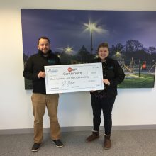 Soup Kitchen Cheque for one hundred and fifty pounds being held by Proludic team members